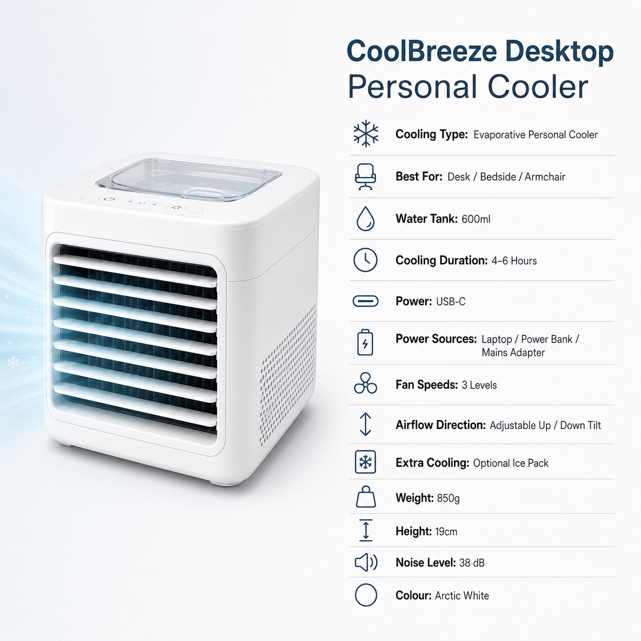 CoolBreeze Desktop Personal Cooler - Specifications